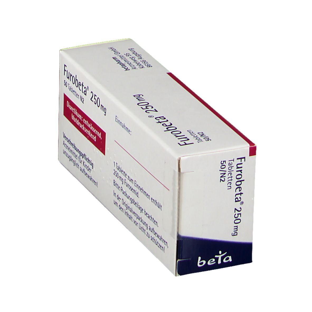 Furobeta 250 mg Packung, schräg von oben. Weiße Schachtel mit roter Schrift. Enthält Informationen. Beta pharm Logo.