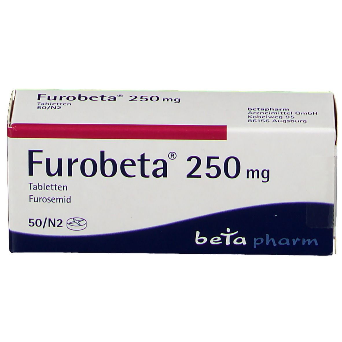Furobeta 250 mg Tabletten-Packung. Weiße Schachtel mit roter und blauer Schrift. Enthält 50 Tabletten. Beta pharm Logo.