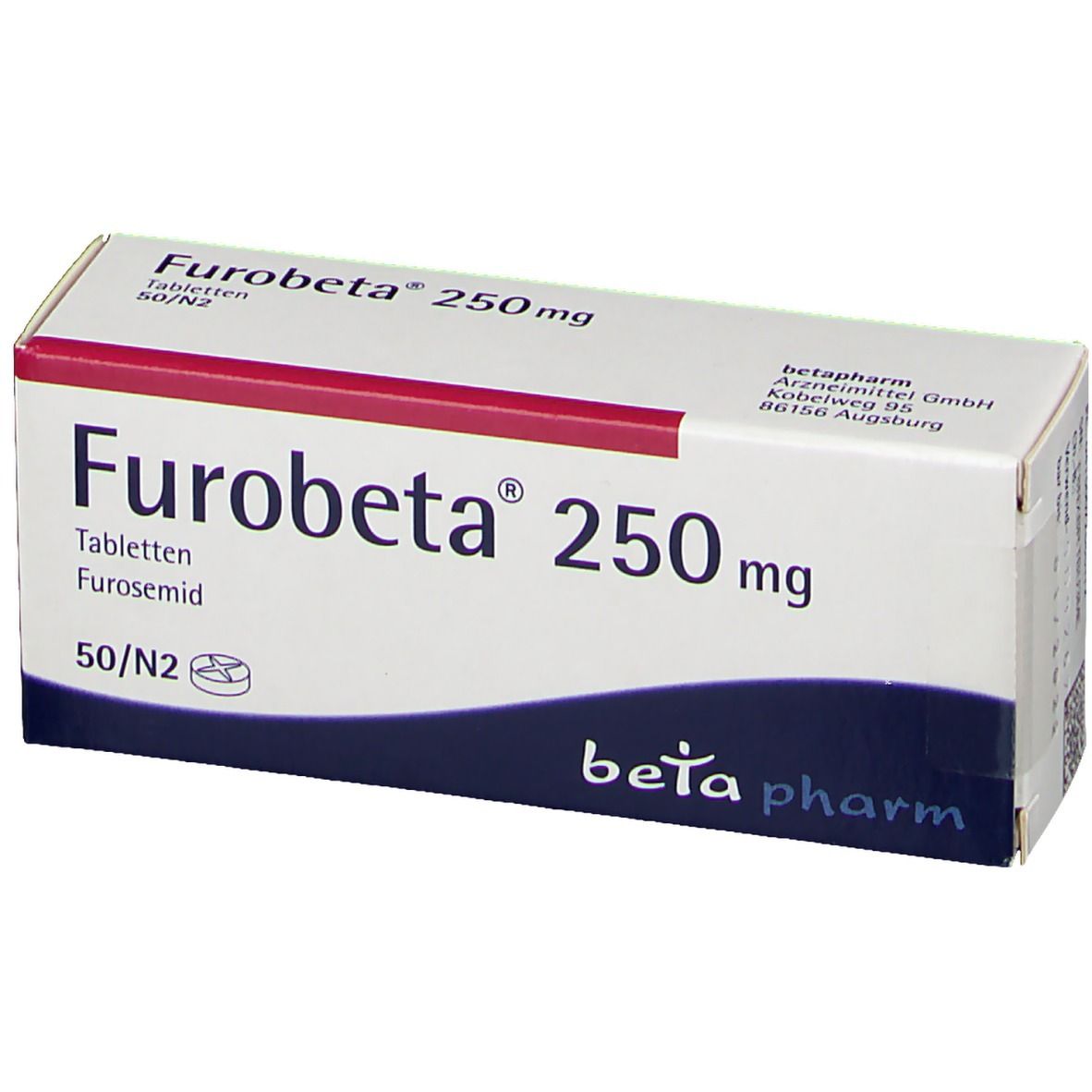 Furobeta 250 mg Tabletten-Packung. Weiße Schachtel mit roter und blauer Schrift. Enthält 50 Tabletten. Beta pharm Logo.
