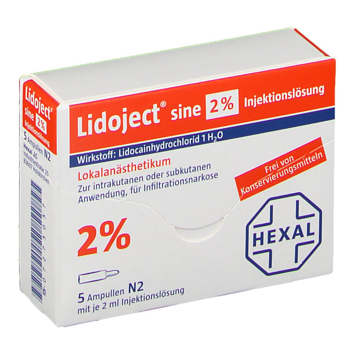 Verpackung mit Lidoject sine 2 % Injektionslösung. Enthält 5 Ampullen. Rote und weiße Schachtel mit Text und Logo.