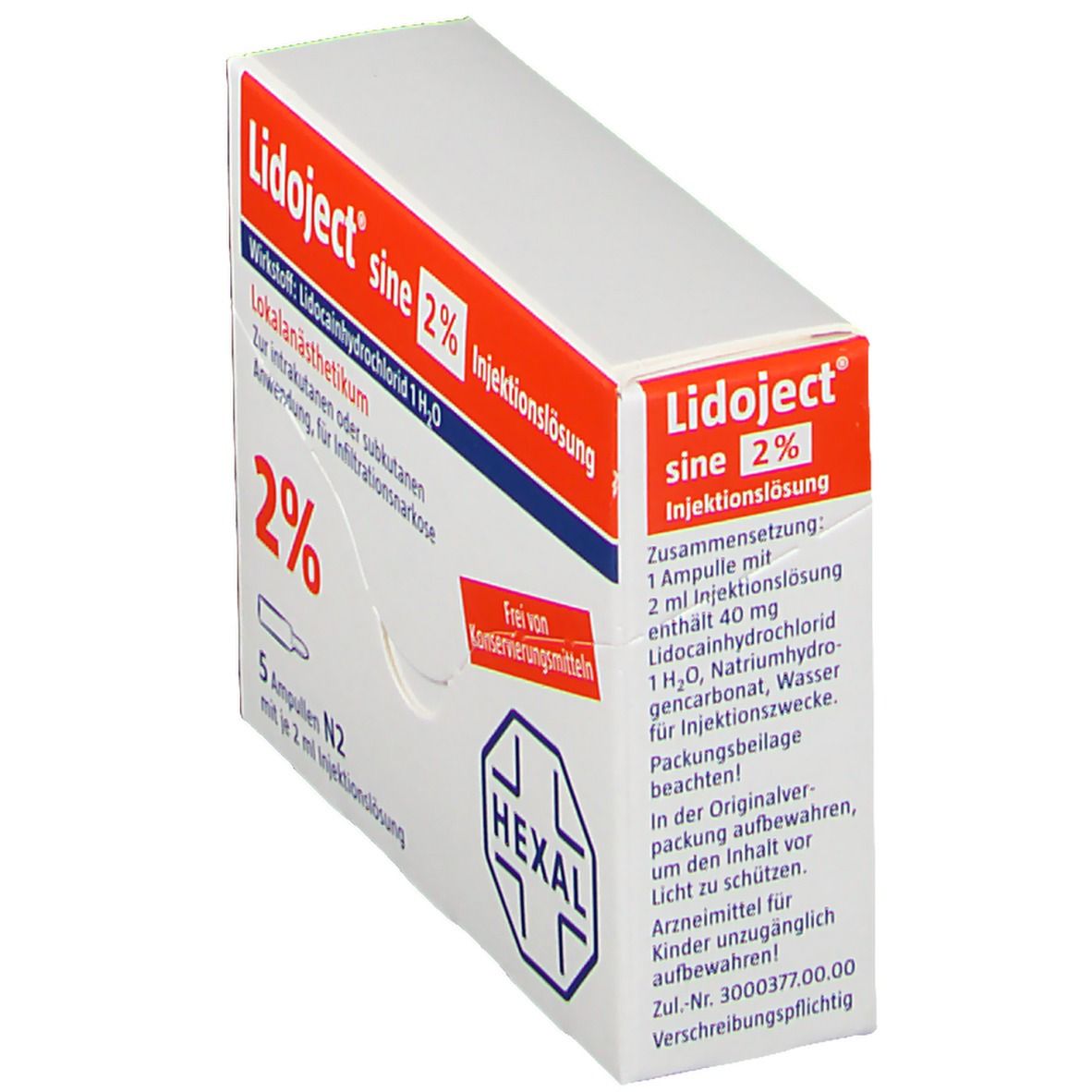 Schachtel Lidoject sine 2 % Injektionslösung. Enthält 5 Ampullen. Text auf der Seite. Rote und weiße Verpackung.