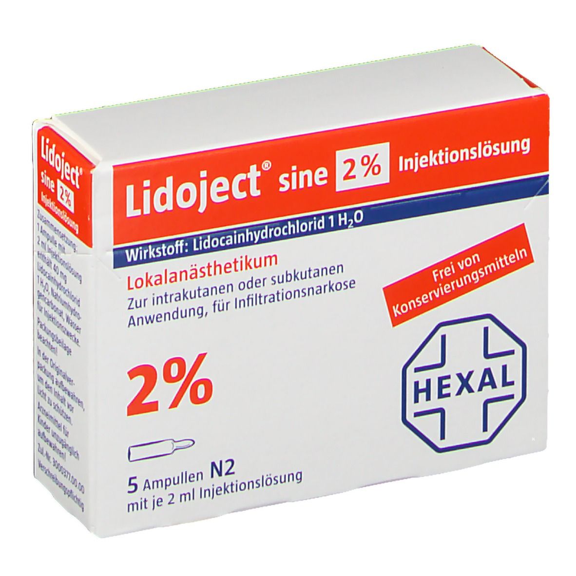 Verpackung mit Lidoject sine 2 % Injektionslösung. Enthält 5 Ampullen. Rote und weiße Schachtel mit Text und Logo.