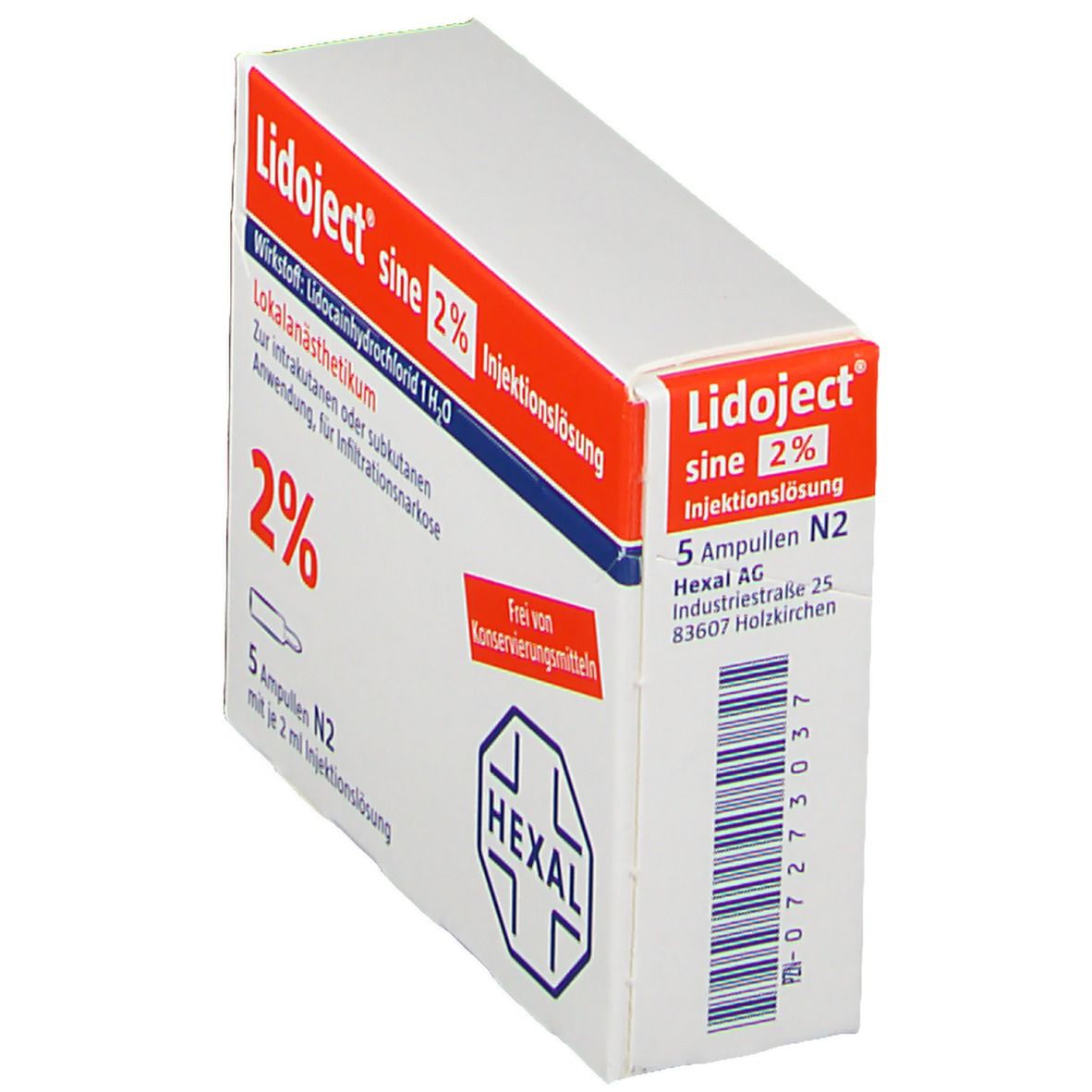 Schachtel Lidoject sine 2 % Injektionslösung. Enthält 5 Ampullen. Text auf der Seite. Rote und weiße Verpackung.