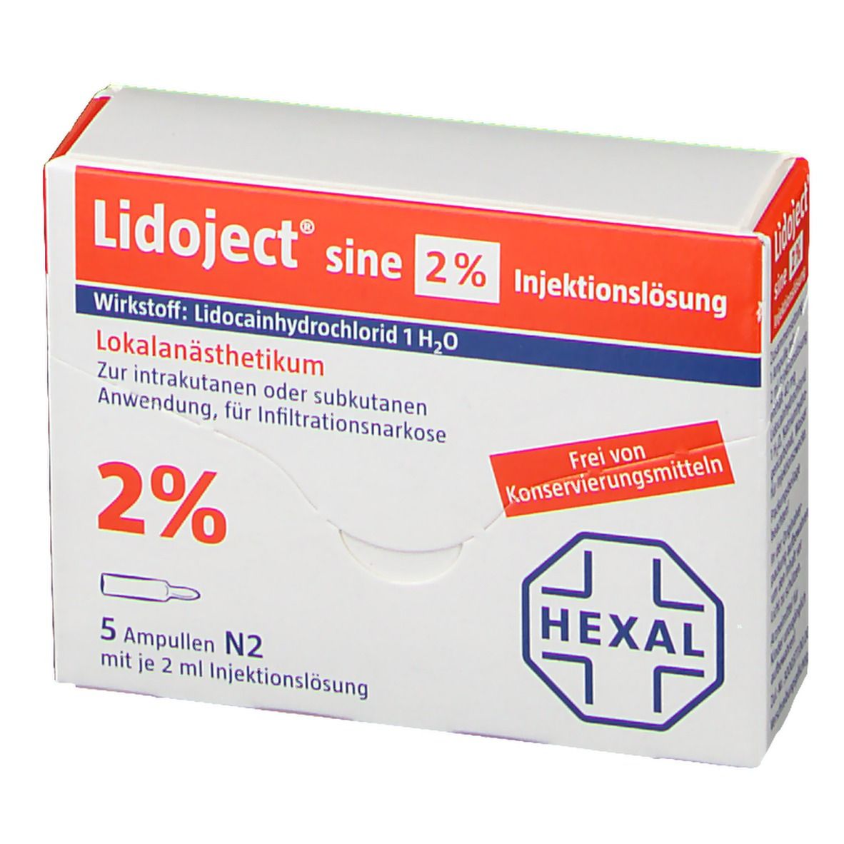 Verpackung mit Lidoject sine 2 % Injektionslösung. Enthält 5 Ampullen. Rote und weiße Schachtel mit Text und Logo.