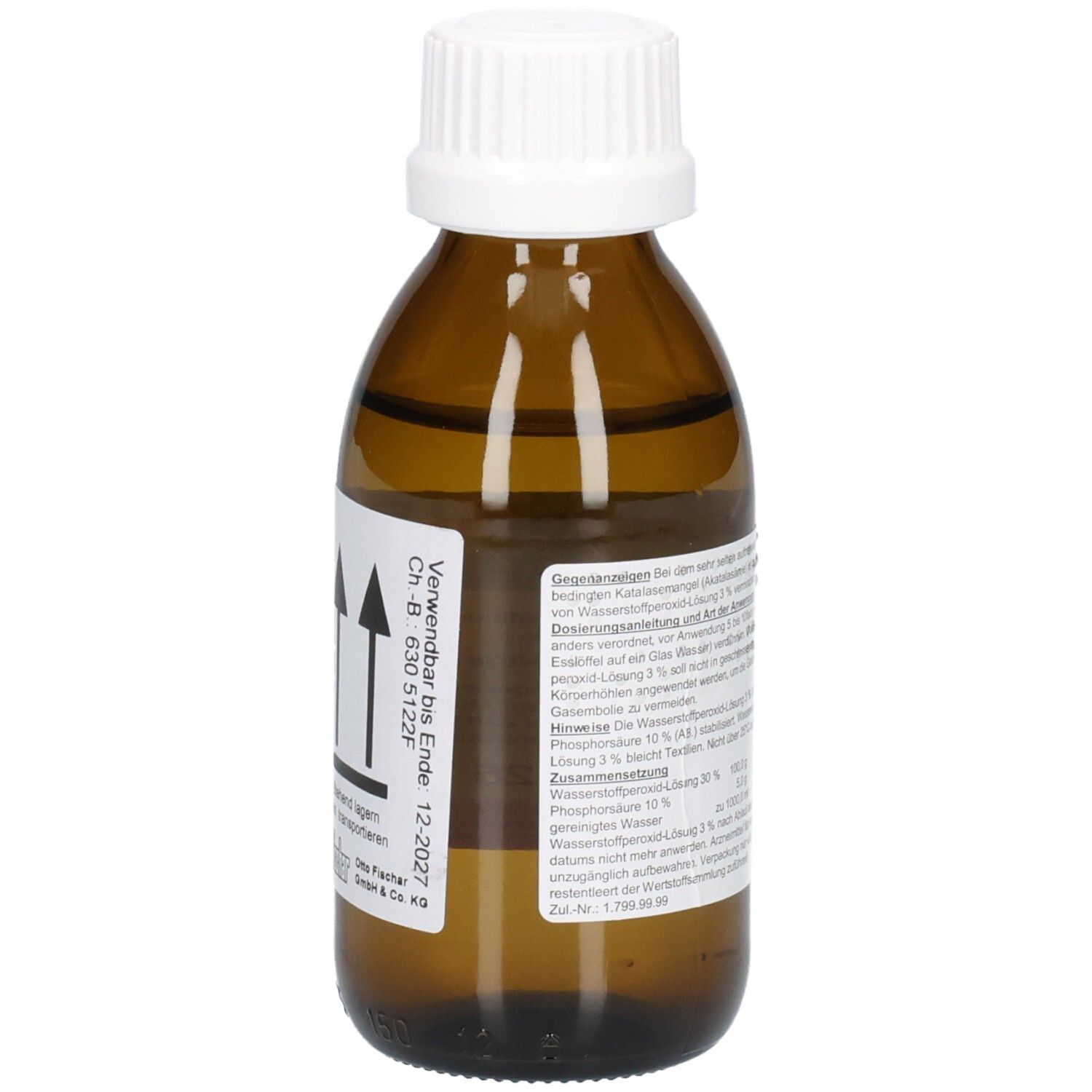 Braune Glasflasche mit weißem Deckel. Rückseite mit Text und Pfeilen. Verwendbar bis 12-2027. Flasche steht aufrecht.