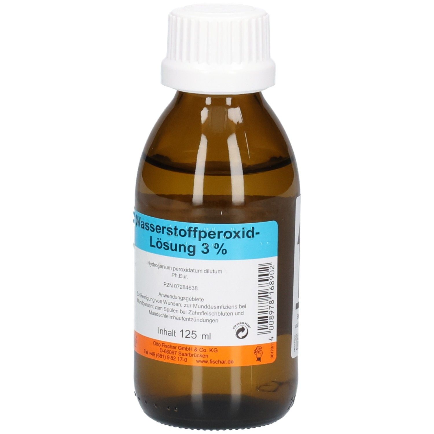 Braune Glasflasche mit weißem Deckel. Aufschrift: Wasserstoffperoxid-Lösung 3%. Blaue Etikett mit Produktinformationen. Inhalt: 125 ml.