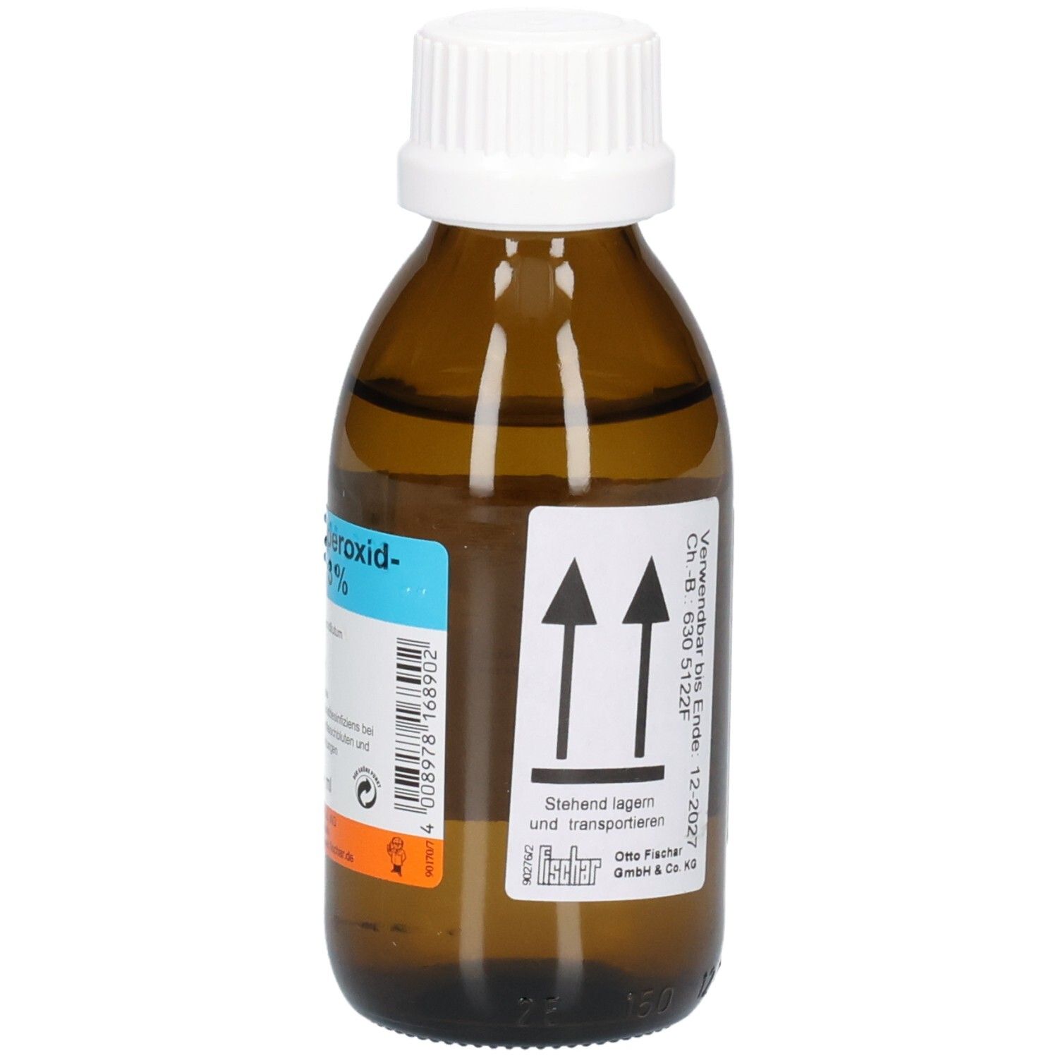 Braune Glasflasche mit weißem Deckel. Rückseite mit Text und Pfeilen. Verwendbar bis 12-2027. Flasche steht aufrecht.