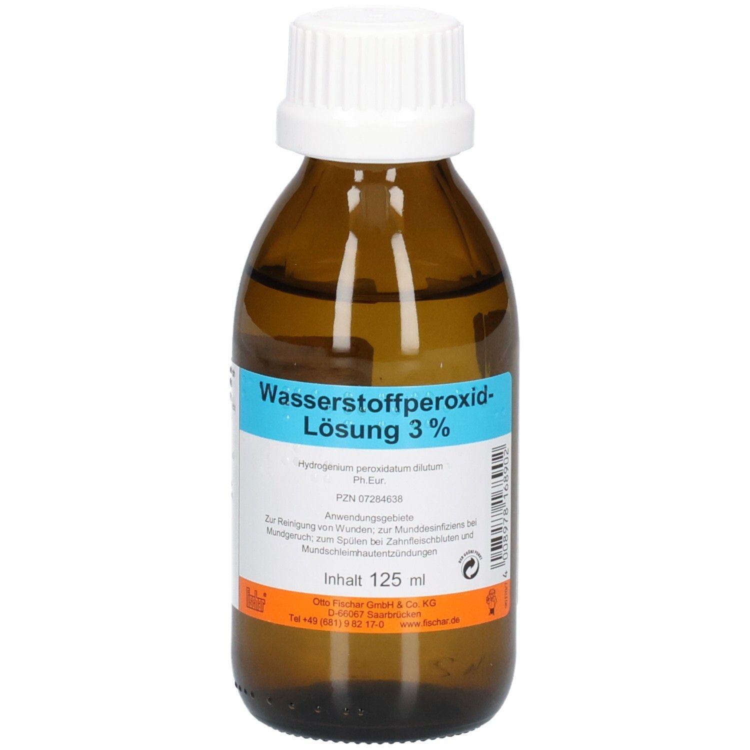 Braune Glasflasche mit weißem Deckel. Aufschrift: Wasserstoffperoxid-Lösung 3%. Blaue Etikett mit Produktinformationen. Inhalt: 125 ml.