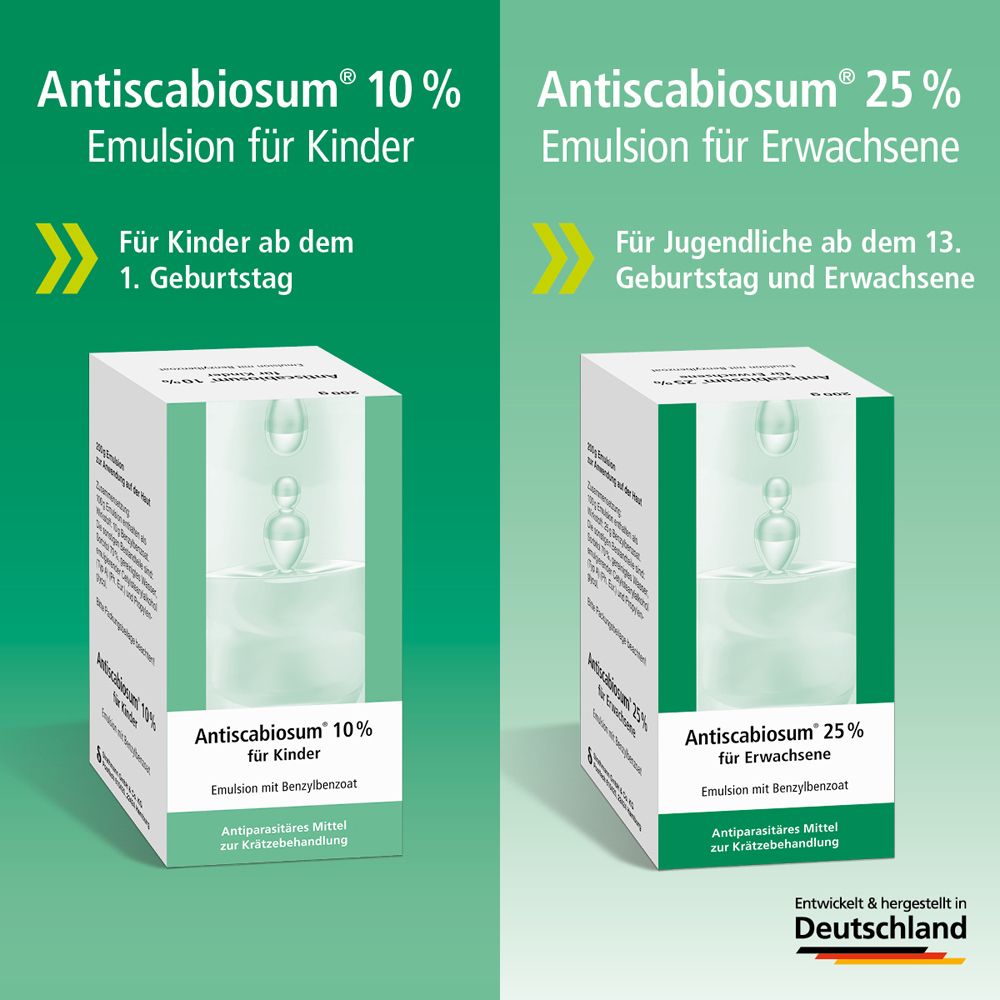 Produktabbildung. Zwei Schachteln: Antiscabiosum 10% für Kinder und 25% für Erwachsene. Text: Für Kinder ab dem 1. Geburtstag.