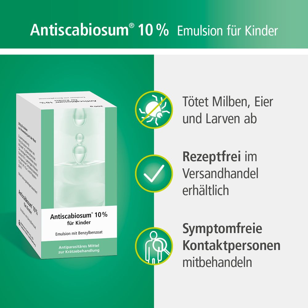 Schachtel Antiscabiosum® 10 % für Kinder. Text: Tötet Milben, Eier und Larven ab.