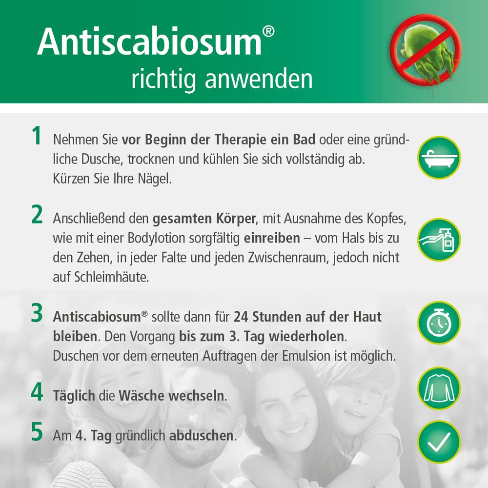 Anwendungshinweise für Antiscabiosum®. Text: 5 Schritte zur Behandlung der Krätze.