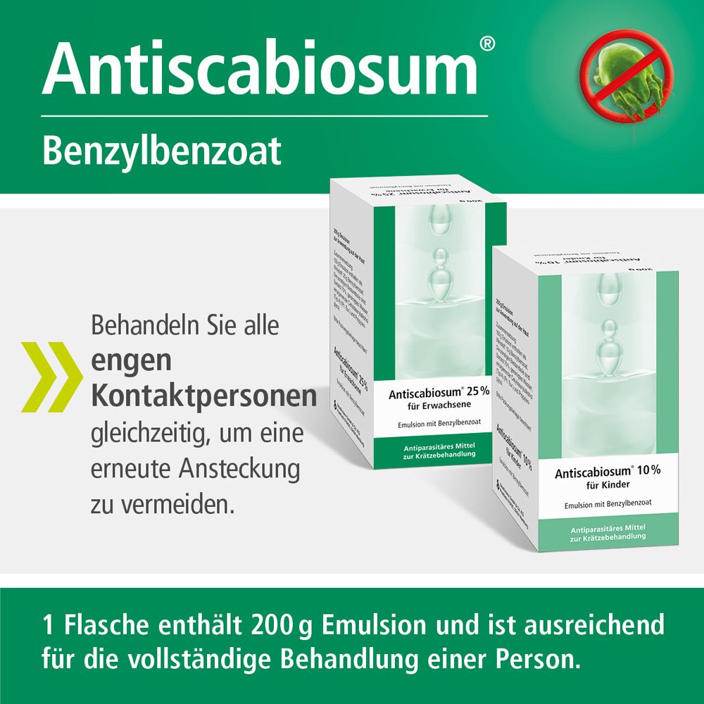 Werbung mit zwei Schachteln Antiscabiosum®. Text: Behandeln Sie alle engen Kontaktpersonen gleichzeitig.