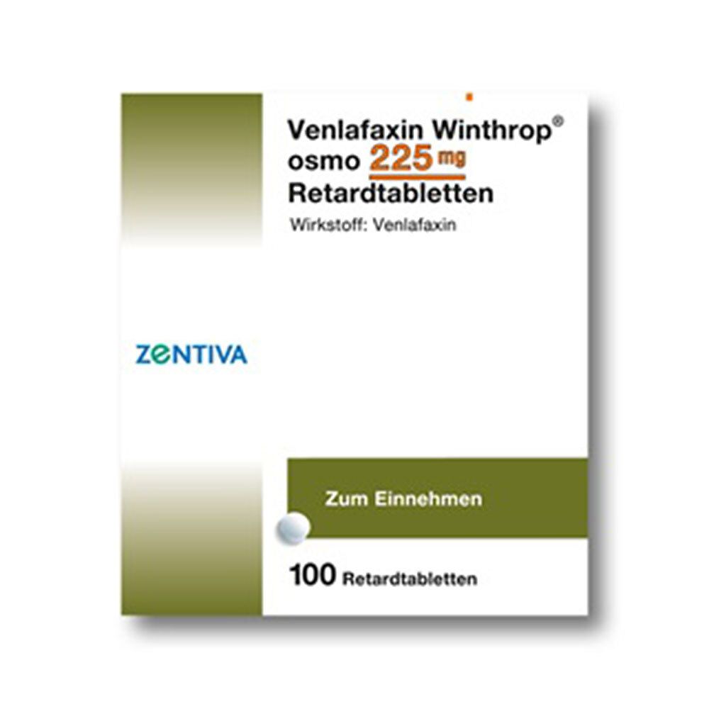 Verpackung von Venlafaxin Winthrop osmo 225 mg Retardtabletten. Enthält 100 Tabletten. Aufschrift: Zum Einnehmen.