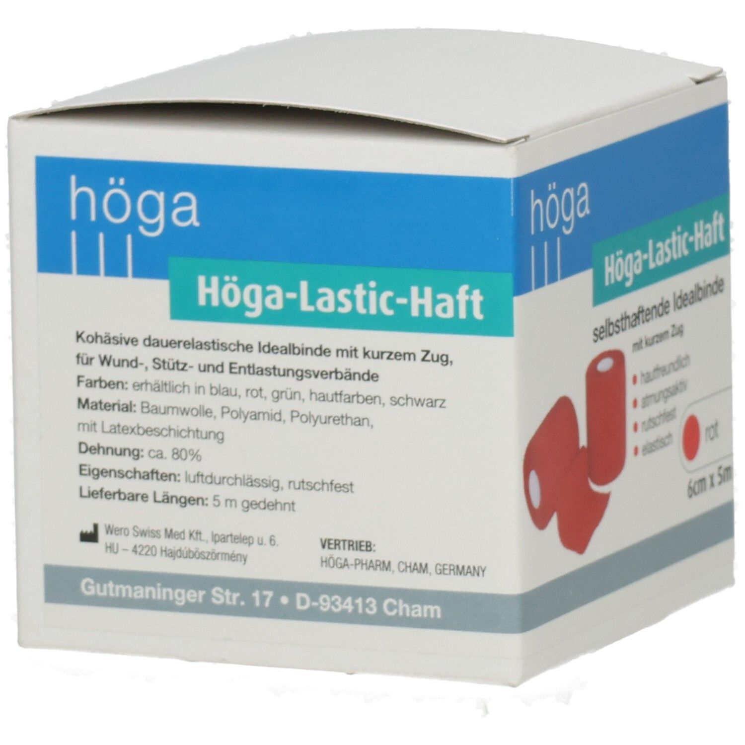 Hoga-Lastic-Haft kohäsive Binde in roter Farbe, 6cm x 5m.