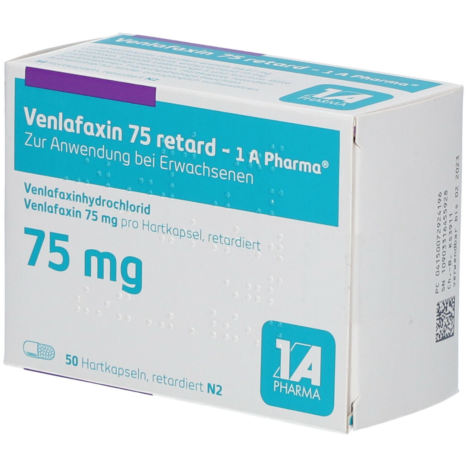 Schachtel mit Venlafaxin 75 retard - 1 A Pharma Kapseln. Aufschrift: 75 mg, 50 Hartkapseln. Logo 1 A Pharma.