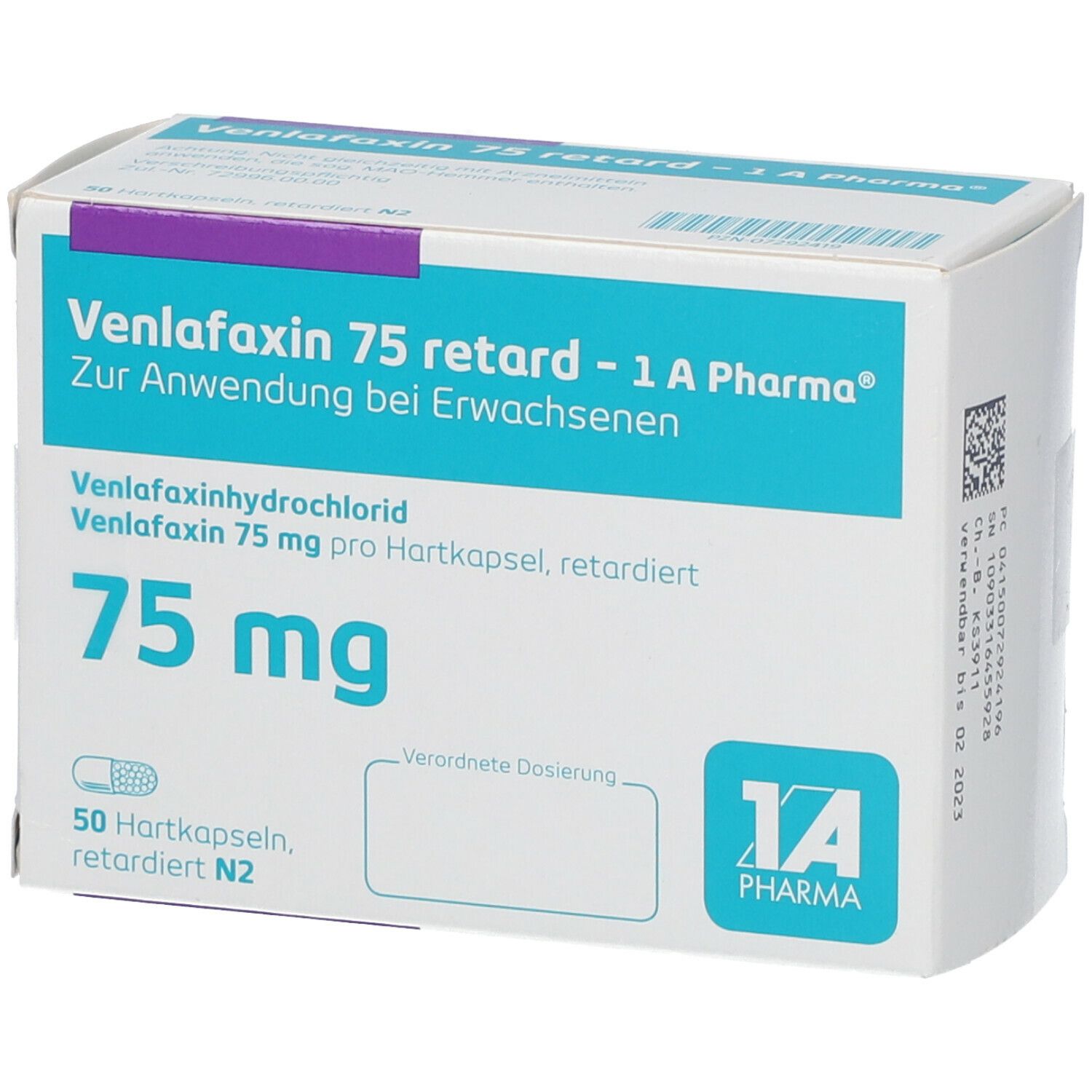 Schachtel Venlafaxin 75 retard - 1 A Pharma. Aufschrift: 75 mg, 50 Hartkapseln. Logo 1 A Pharma.