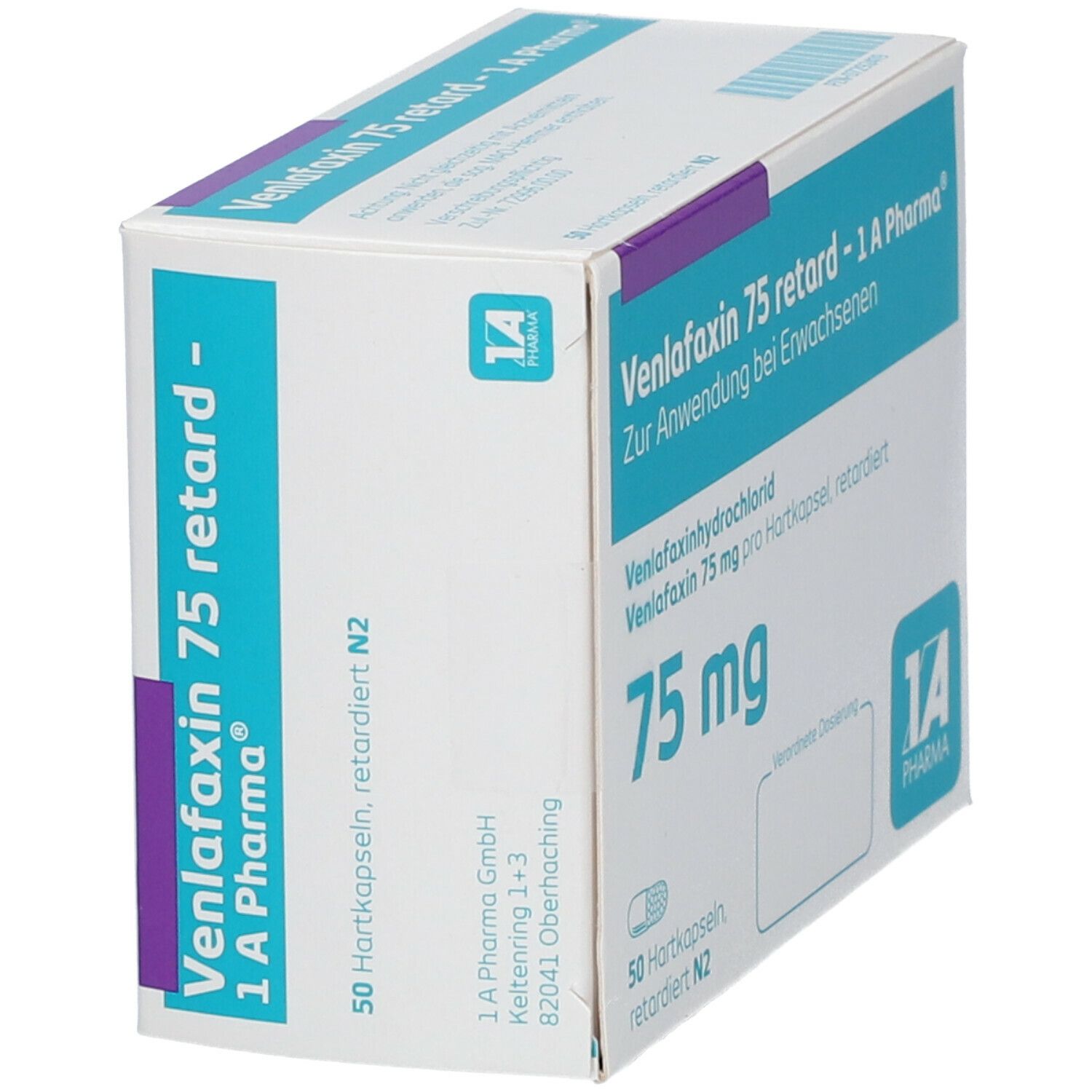 Schachtel Venlafaxin 75 retard - 1 A Pharma. Aufschrift: 75 mg, 50 Hartkapseln. Logo 1 A Pharma.