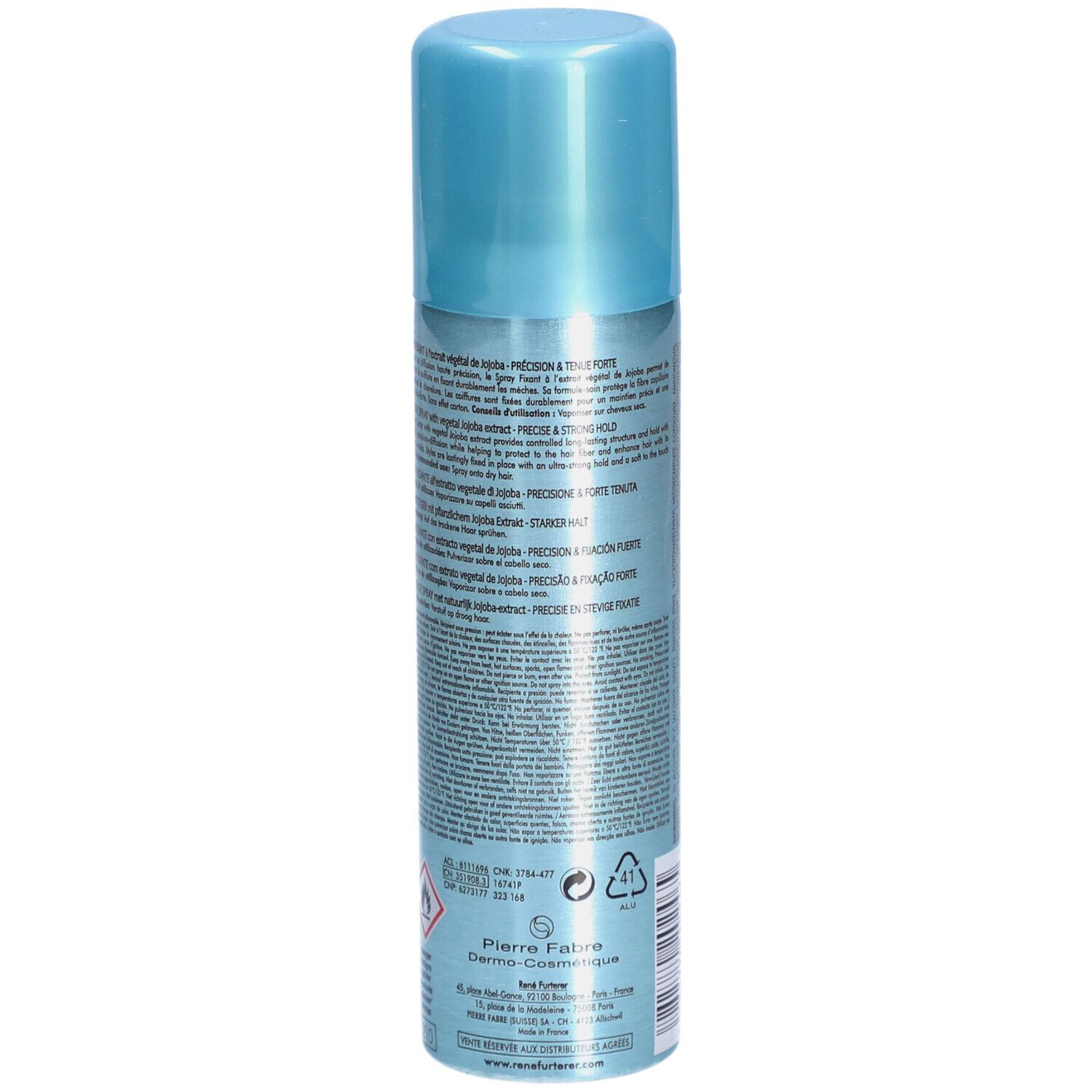 Rückseite der Haarspray-Flasche. Text in mehreren Sprachen. Herstellerinformationen und Warnhinweise.