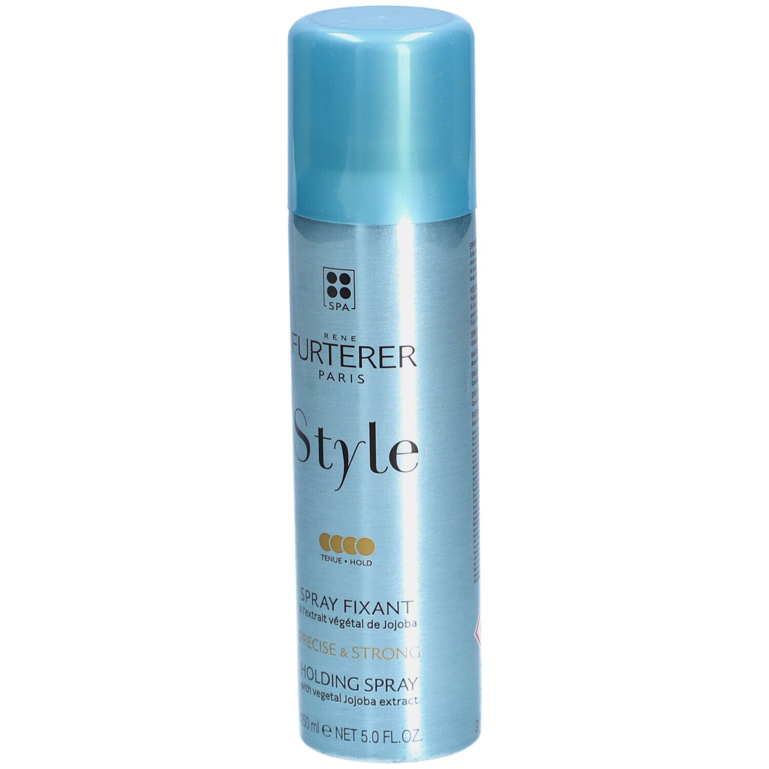 Haarspray-Flasche mit blauem Deckel. Aufschrift: RENE FURTERER PARIS Style Spray Fixant. Präzise & Stark.