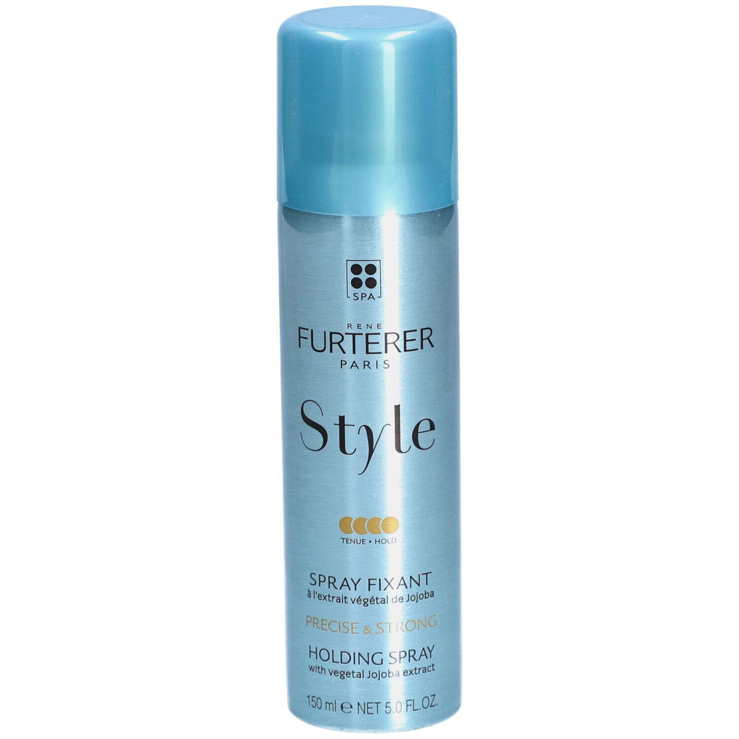 Haarspray-Flasche mit blauem Deckel. Aufschrift: RENE FURTERER PARIS Style Spray Fixant. Präzise & Stark.