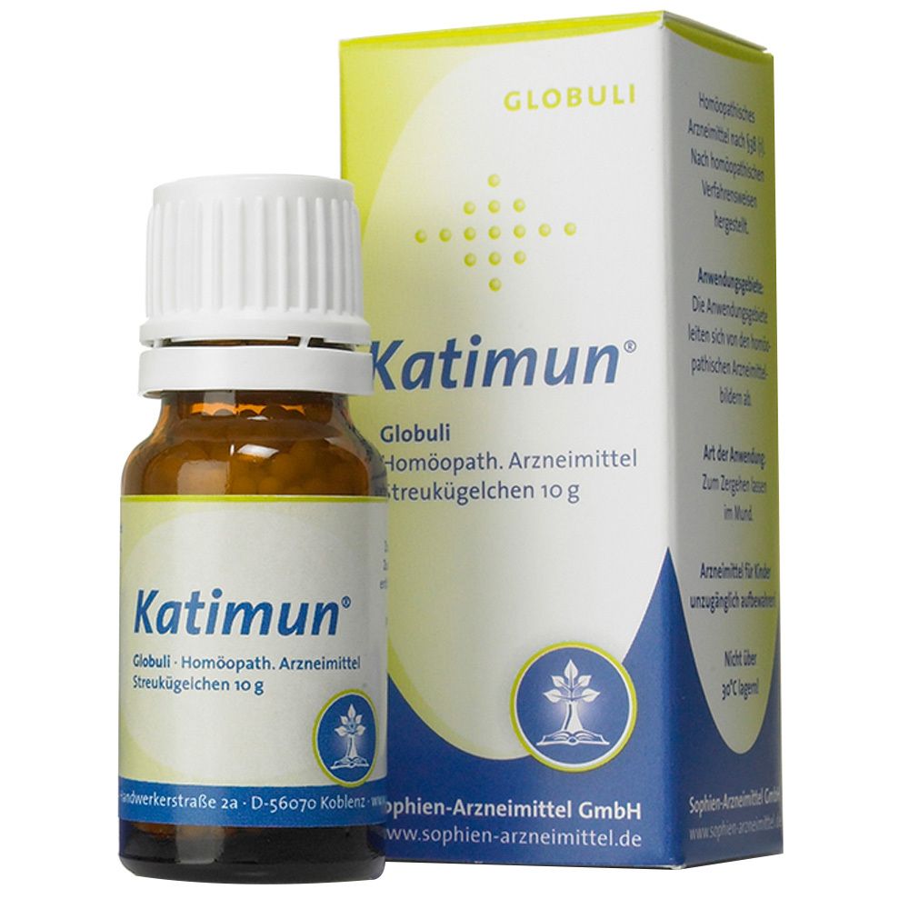 Braune Glasflasche mit weißem Deckel und Karton. Aufschrift: Katimun Globuli. Homöopathisches Arzneimittel.