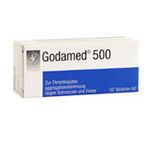 Godamed 500 Tabletten-Packung. Weiße Schachtel mit blauem Streifen und Text. Enthält Tabletten.
