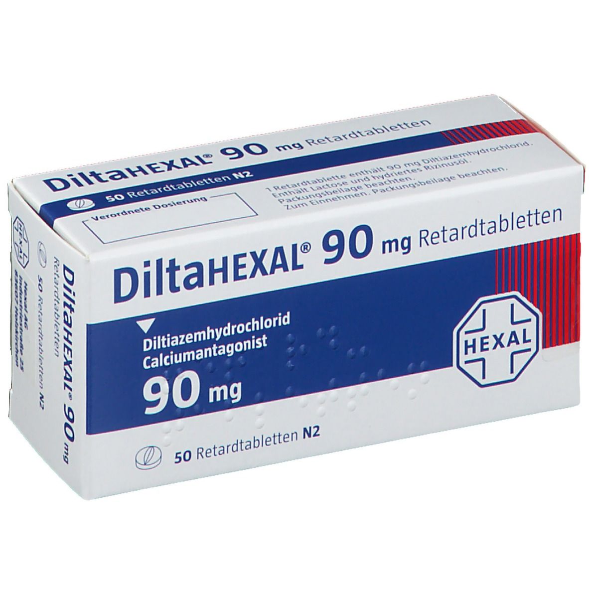 Weiße Schachtel mit blauer Schrift. Aufschrift: DiltiaHEXAL 90 mg Retardtabletten. Logo: HEXAL. Enthält 50 Tabletten.