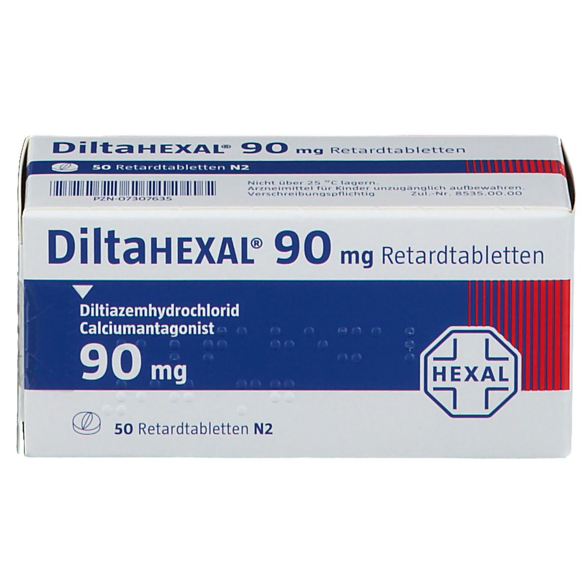 Weiße Schachtel mit blauer Schrift. Aufschrift: DiltiaHEXAL 90 mg Retardtabletten. Logo: HEXAL. Enthält 50 Tabletten.