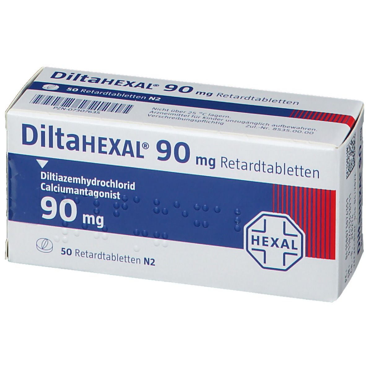Weiße Schachtel mit blauer Schrift. Aufschrift: DiltiaHEXAL 90 mg Retardtabletten. Logo: HEXAL. Enthält 50 Tabletten.