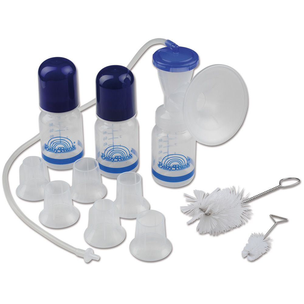 Set mit Flaschen, Aufsätzen, Bürsten und Zubehör. Blaue Deckel, transparente Flaschen mit Messskala. Marke Baby Brink.