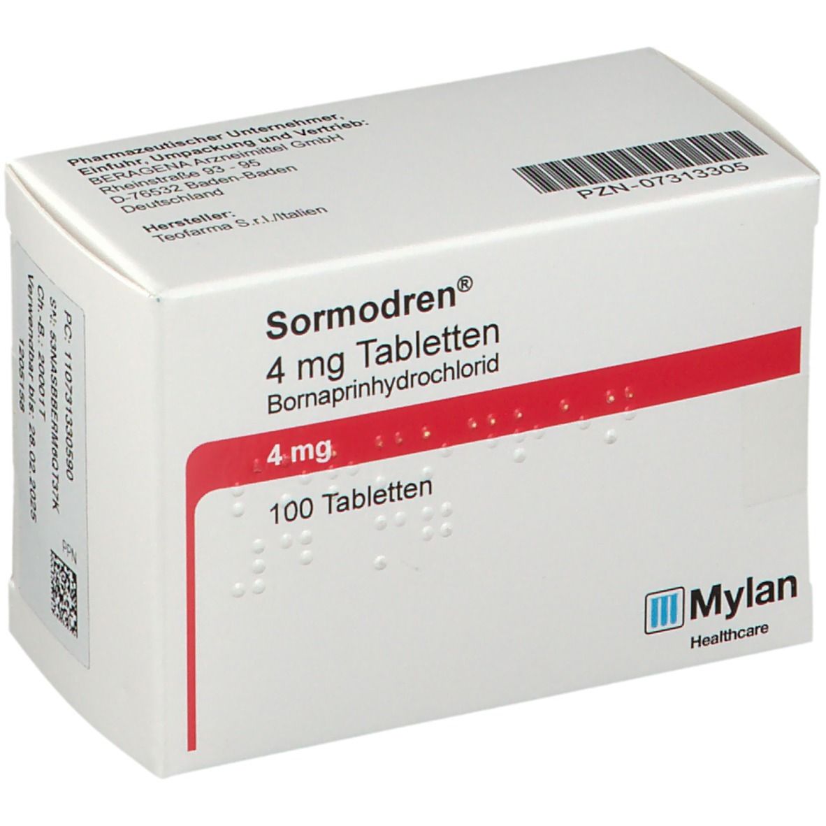Schachtel Sormodren® 4 mg Tabletten. Weiße Schachtel mit rotem Streifen und Produktinformationen. Mylan Healthcare Logo.