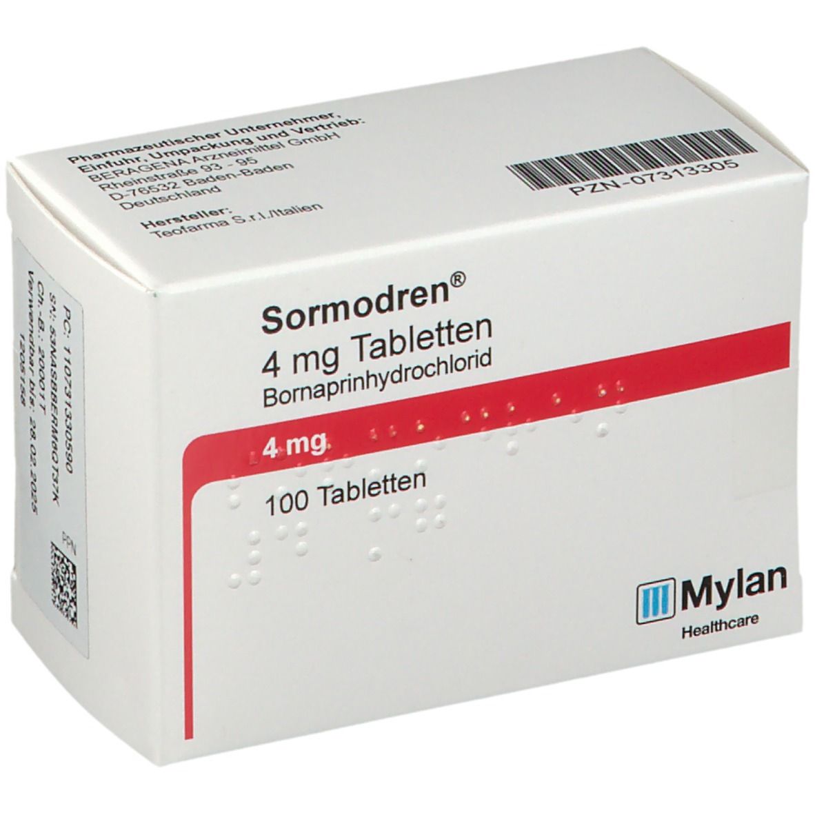 Schachtel Sormodren® 4 mg Tabletten. Weiße Schachtel mit rotem Streifen und Produktinformationen. Mylan Healthcare Logo.