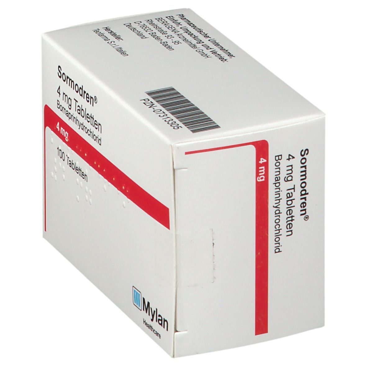Schachtel Sormodren® 4 mg Tabletten. Weiße Schachtel mit rotem Streifen und Produktinformationen. Mylan Healthcare Logo. Perspektivansicht.