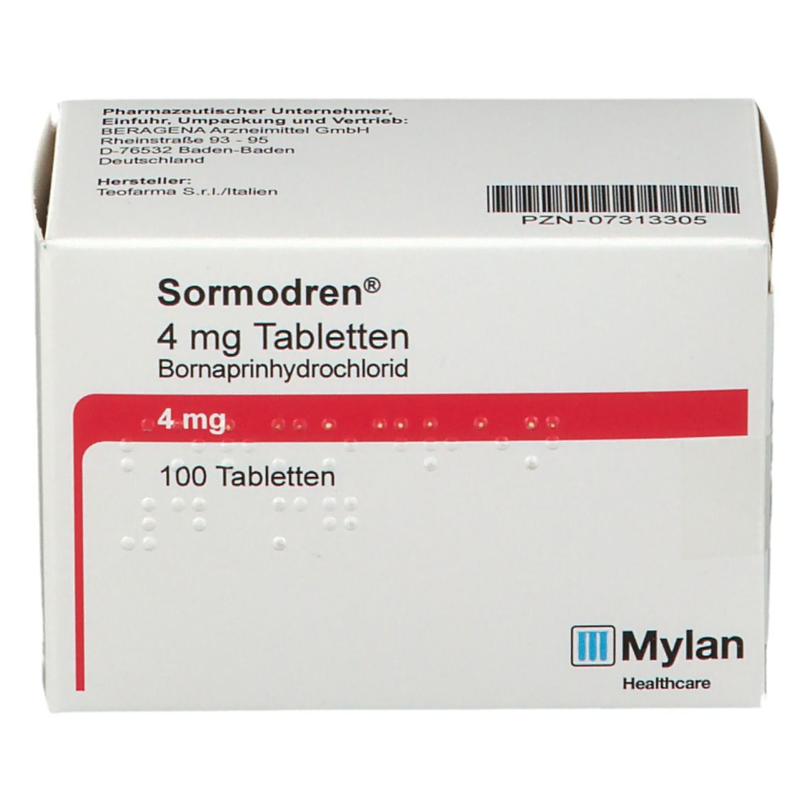 Schachtel Sormodren® 4 mg Tabletten. Weiße Schachtel mit rotem Streifen und Produktinformationen. Mylan Healthcare Logo.