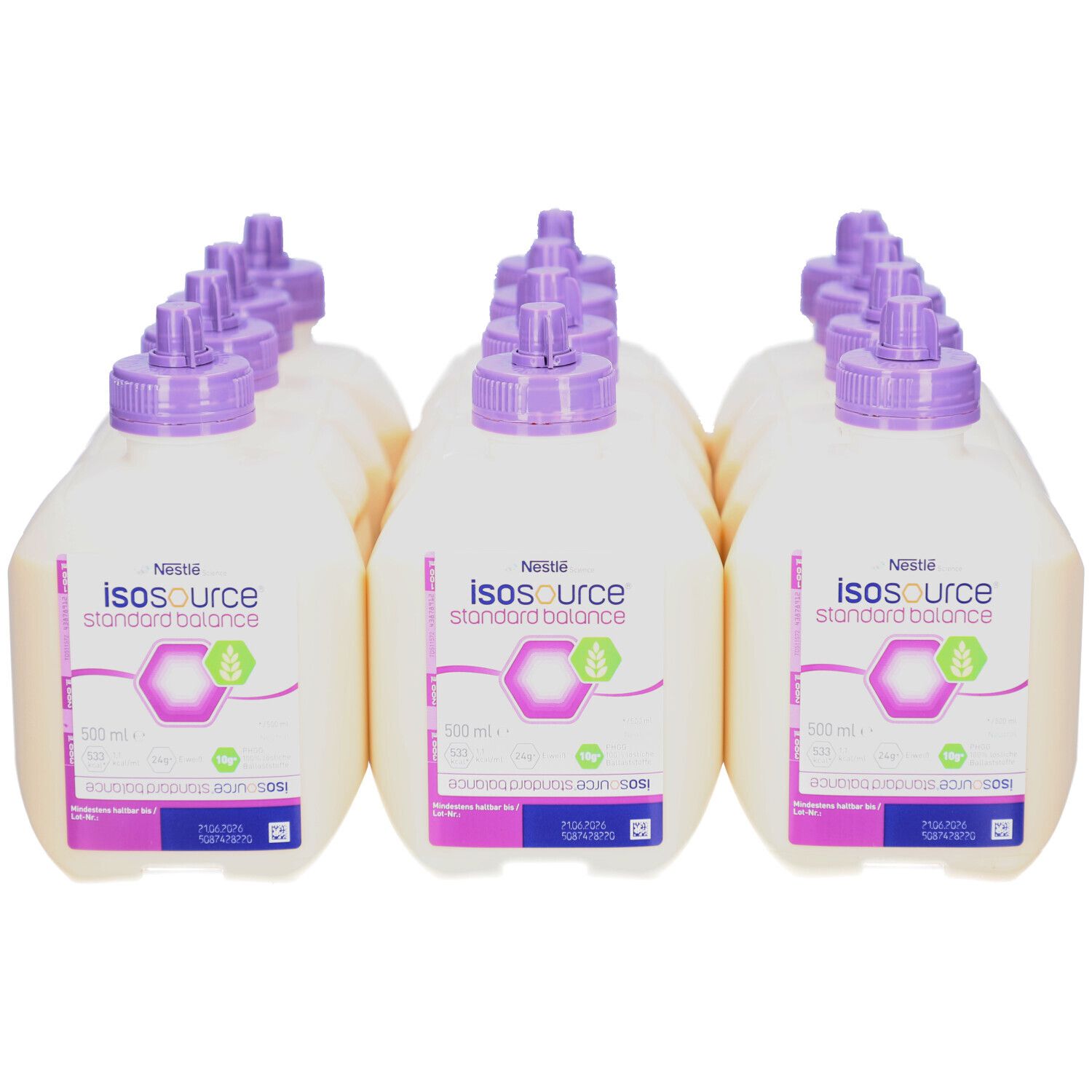 Reihe von Flaschen ISOSOURCE Standard Balance. Jede Flasche hat einen lila Verschluss und eine Produktbezeichnung.