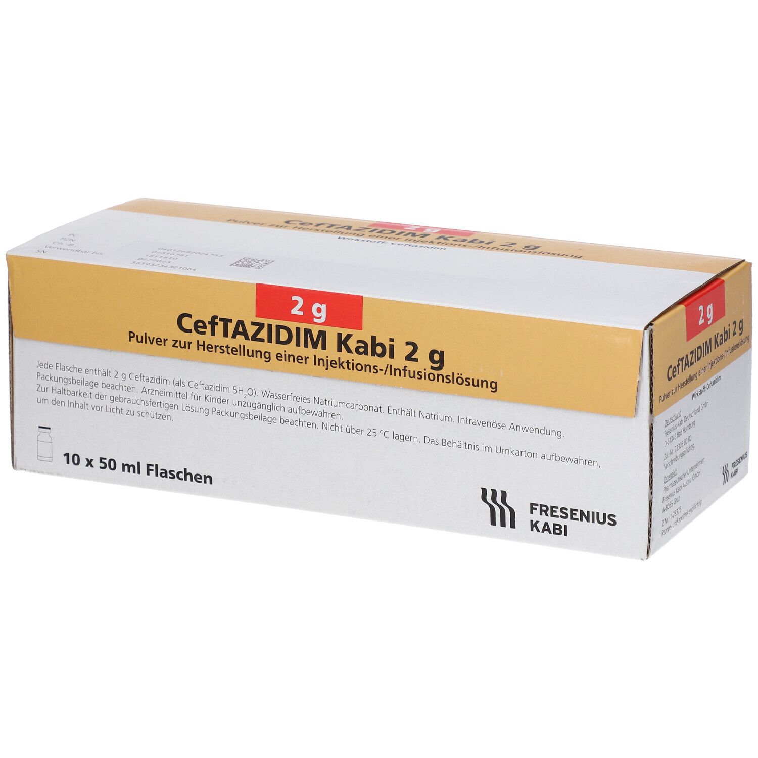Karton mit Aufschrift "Ceftazidim Kabi 2 g". Enthält 10 x 50 ml Flaschen. Logo Fresenius Kabi.