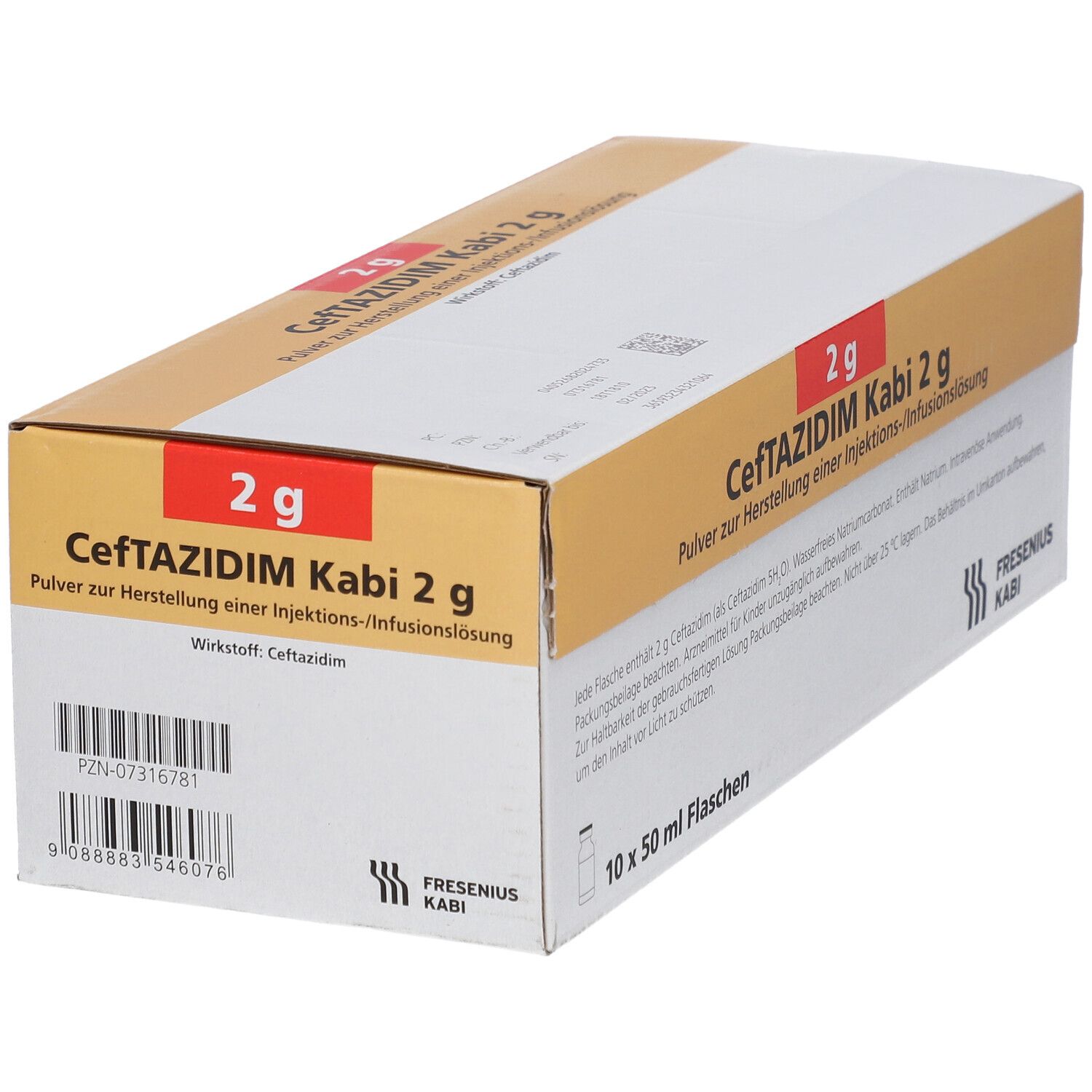 Karton "Ceftazidim Kabi 2 g". Enthält 10 x 50 ml Flaschen. Barcode und Logo Fresenius Kabi.