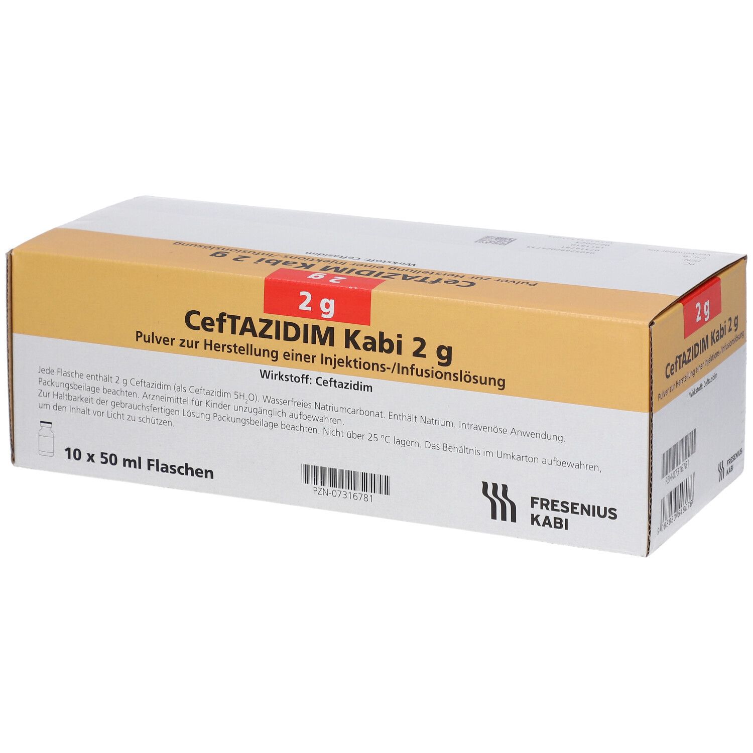 Karton "Ceftazidim Kabi 2 g". Enthält 10 x 50 ml Flaschen. Logo Fresenius Kabi.