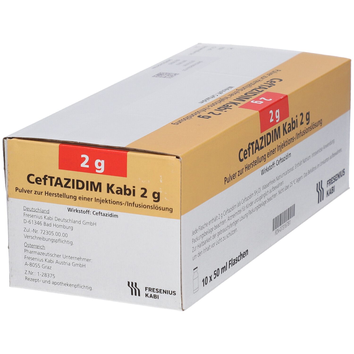 Karton "Ceftazidim Kabi 2 g". Enthält 10 x 50 ml Flaschen. Adressinformationen und Logo Fresenius Kabi.