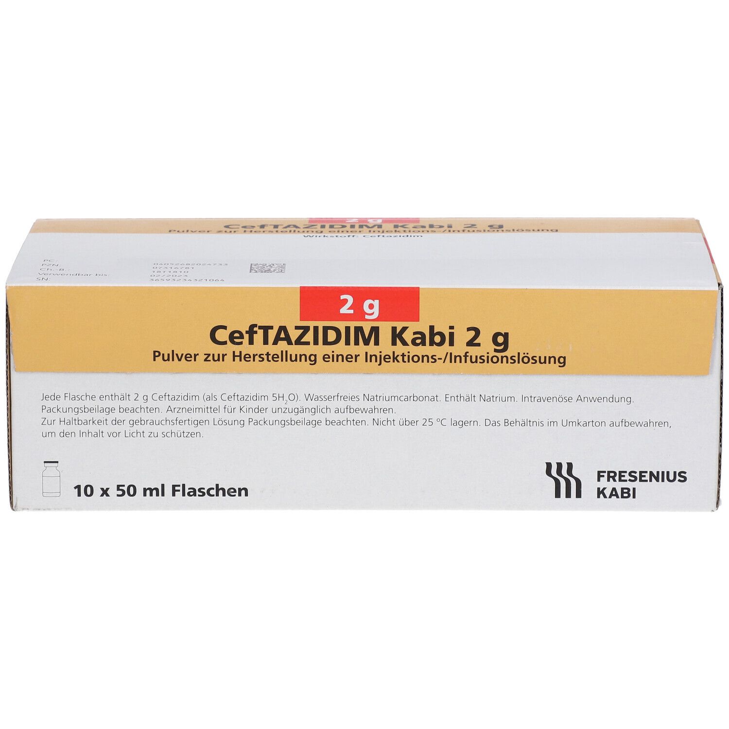 Karton "Ceftazidim Kabi 2 g". Enthält 10 x 50 ml Flaschen. Logo Fresenius Kabi.
