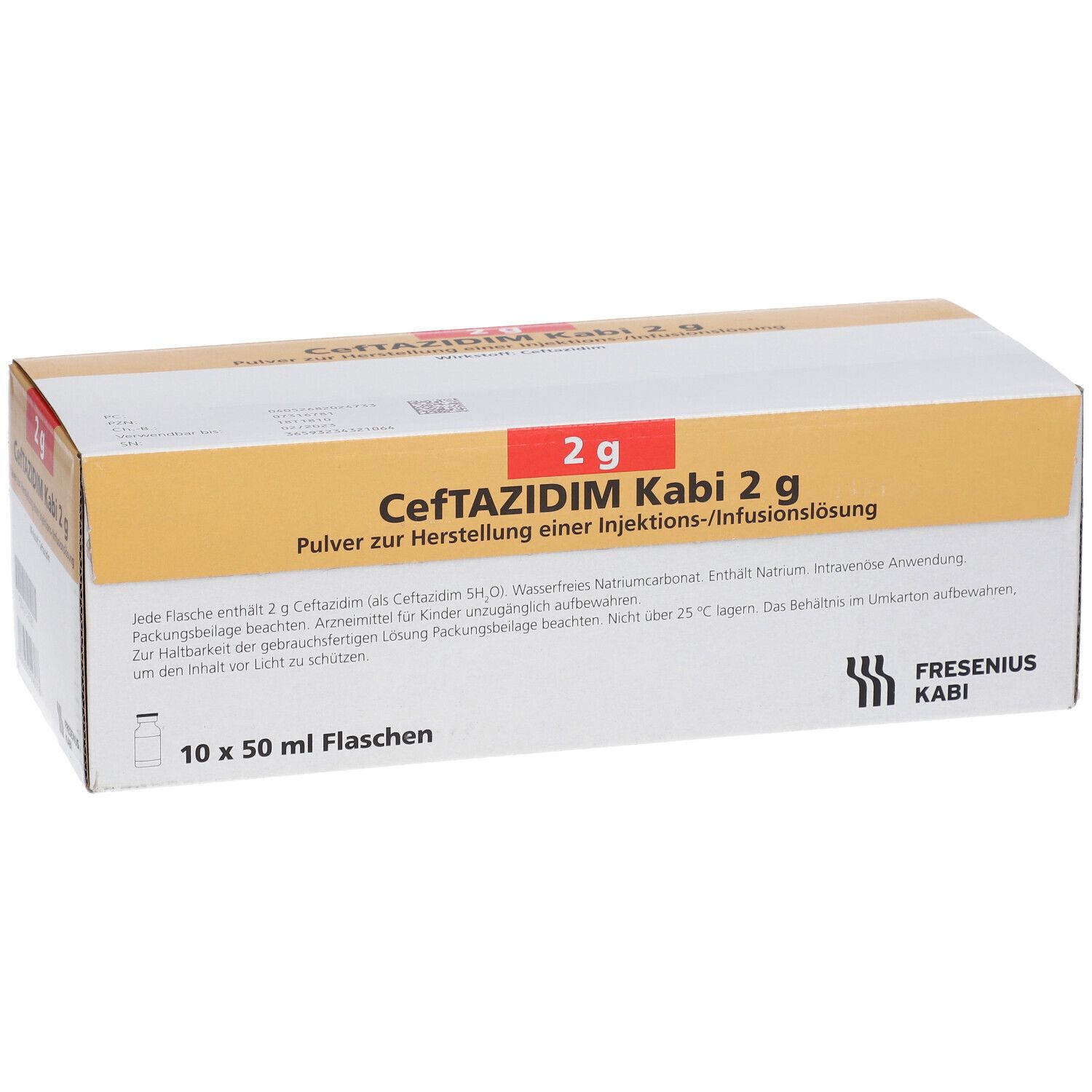 Karton "Ceftazidim Kabi 2 g". Enthält 10 x 50 ml Flaschen. Logo Fresenius Kabi.