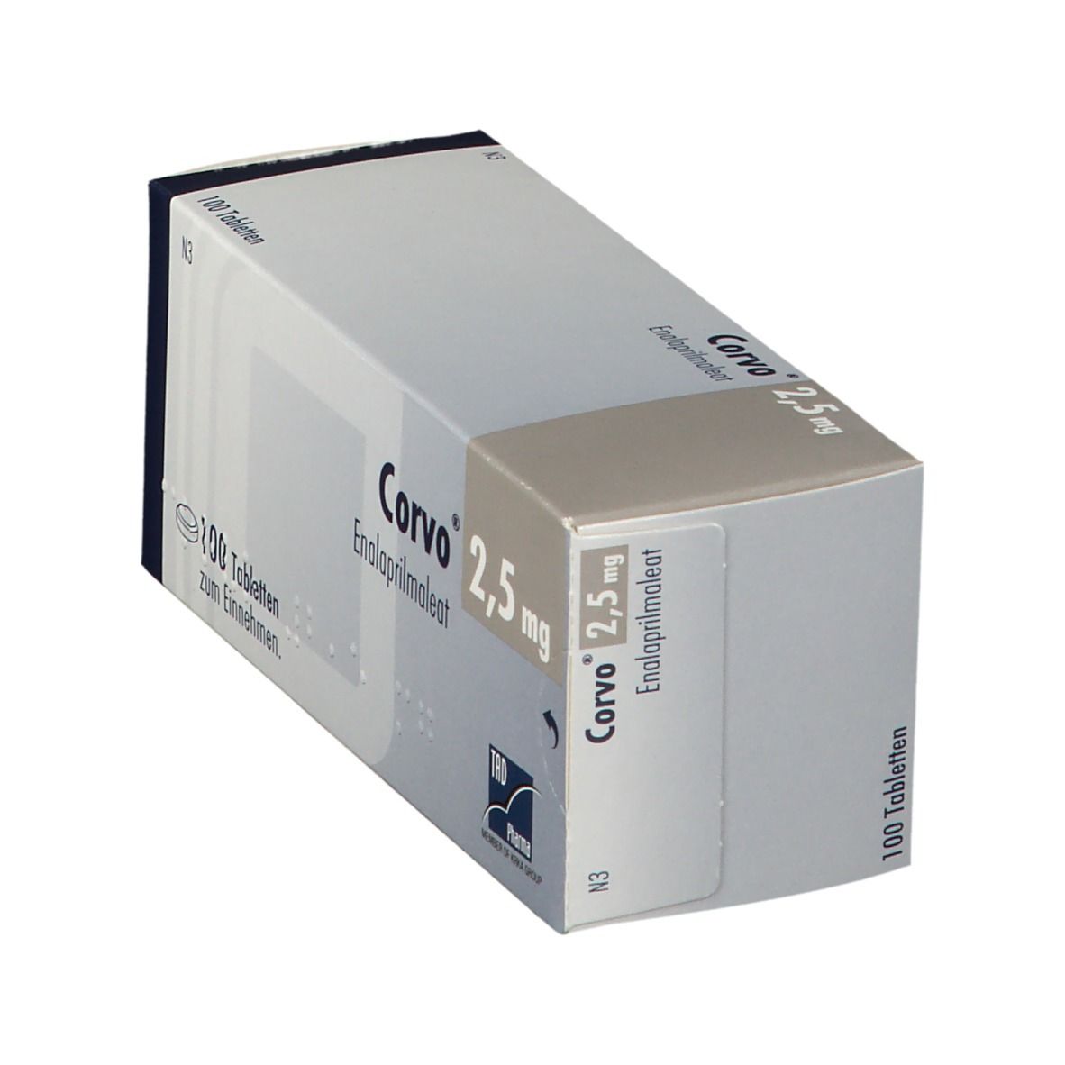 Schachtel Corvo 2,5 mg, 100 Tabletten. Aufdruck: Enalaprilmaleat. Marke: TAD Pharma. Graue und weiße Verpackung.