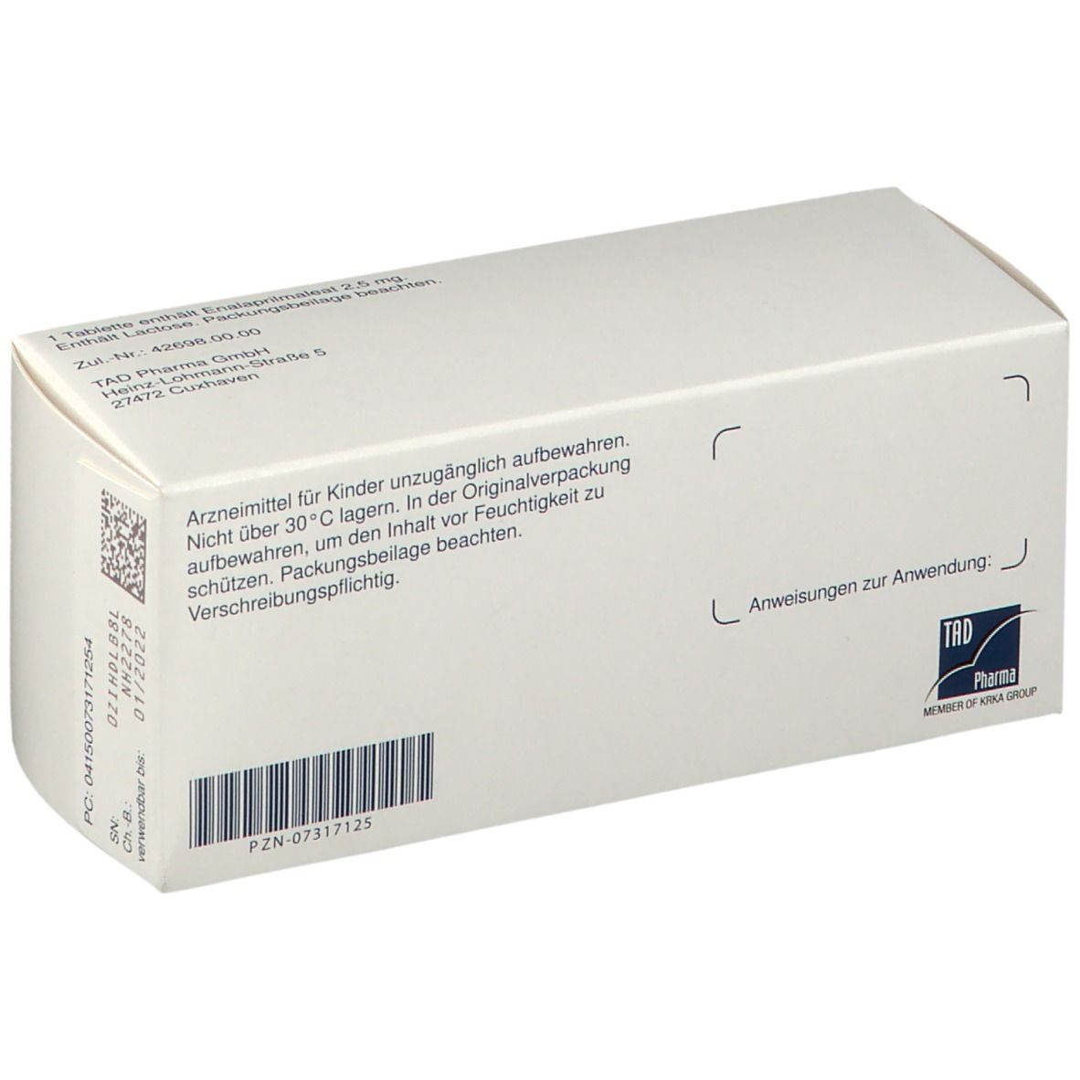 Rückseite der Corvo 2,5 mg Tabletten-Schachtel. Enthält Informationen und Barcode. Marke: TAD Pharma.