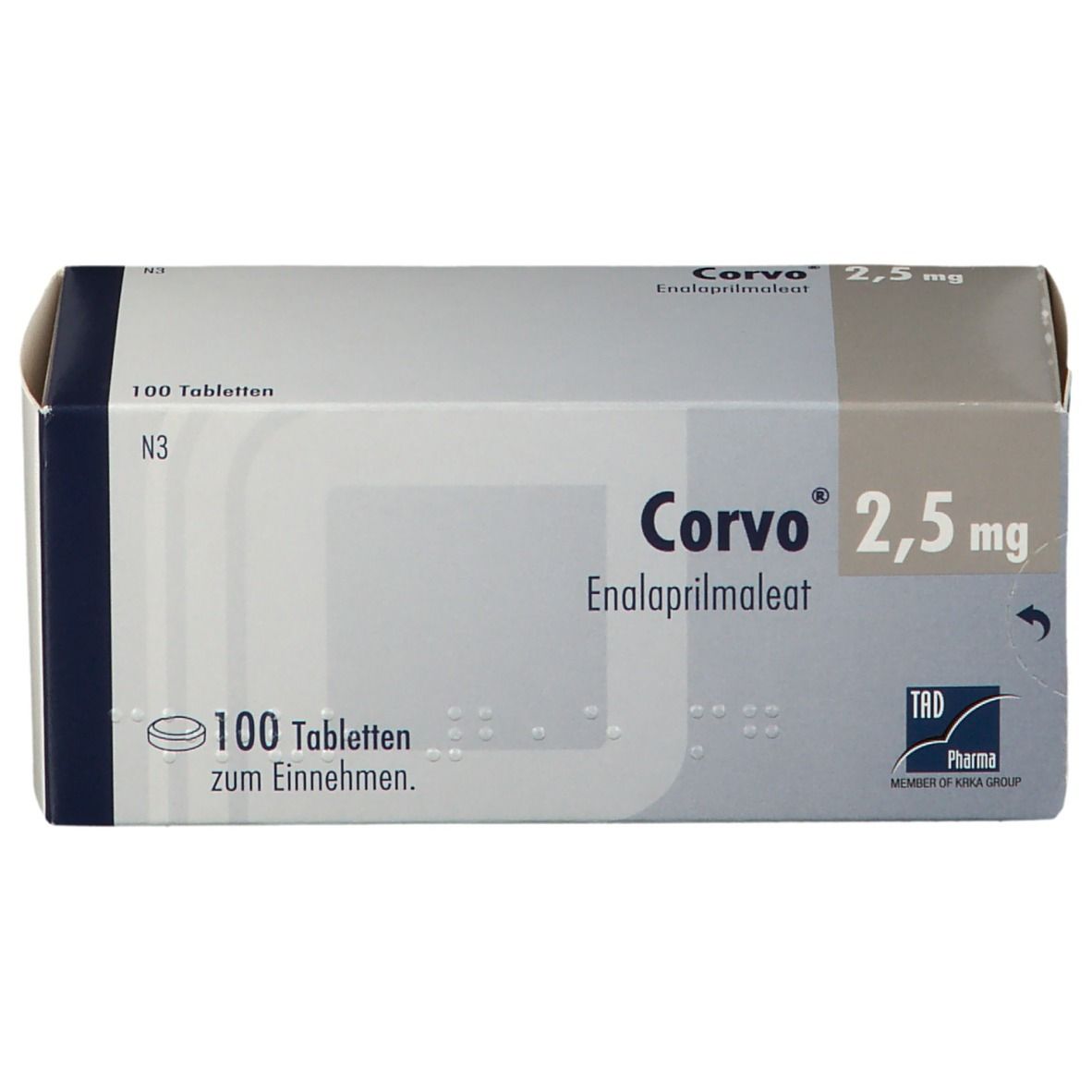 Schachtel Corvo 2,5 mg, 100 Tabletten. Aufdruck: Enalaprilmaleat. Marke: TAD Pharma. Graue und weiße Verpackung.