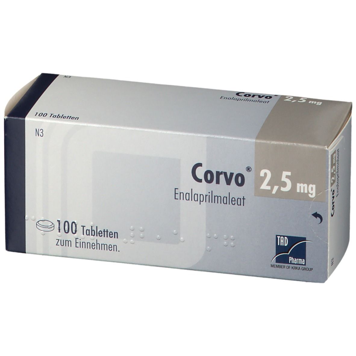 Schachtel Corvo 2,5 mg, 100 Tabletten. Aufdruck: Enalaprilmaleat. Marke: TAD Pharma. Graue und weiße Verpackung.