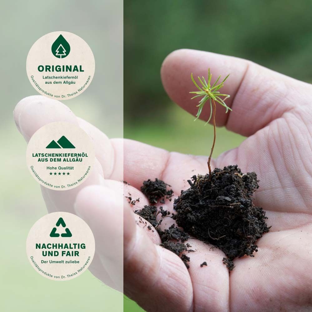 Hand mit Setzling und Logos: Original, Latschenkiefernöl hohe Qualität, Nachhaltig und fair. Qualitäts-Produkte.