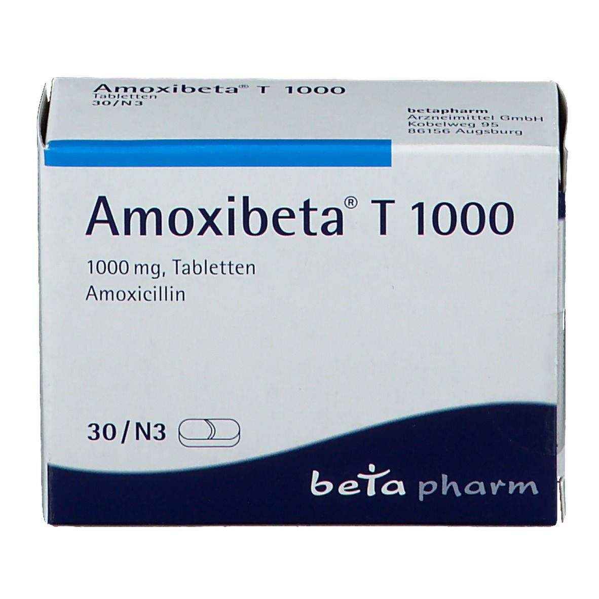 Schachtel Amoxibeta® T 1000. Aufschrift: 1000 mg, Tabletten, Amoxicillin. 30 Tabletten. beta pharm Logo.