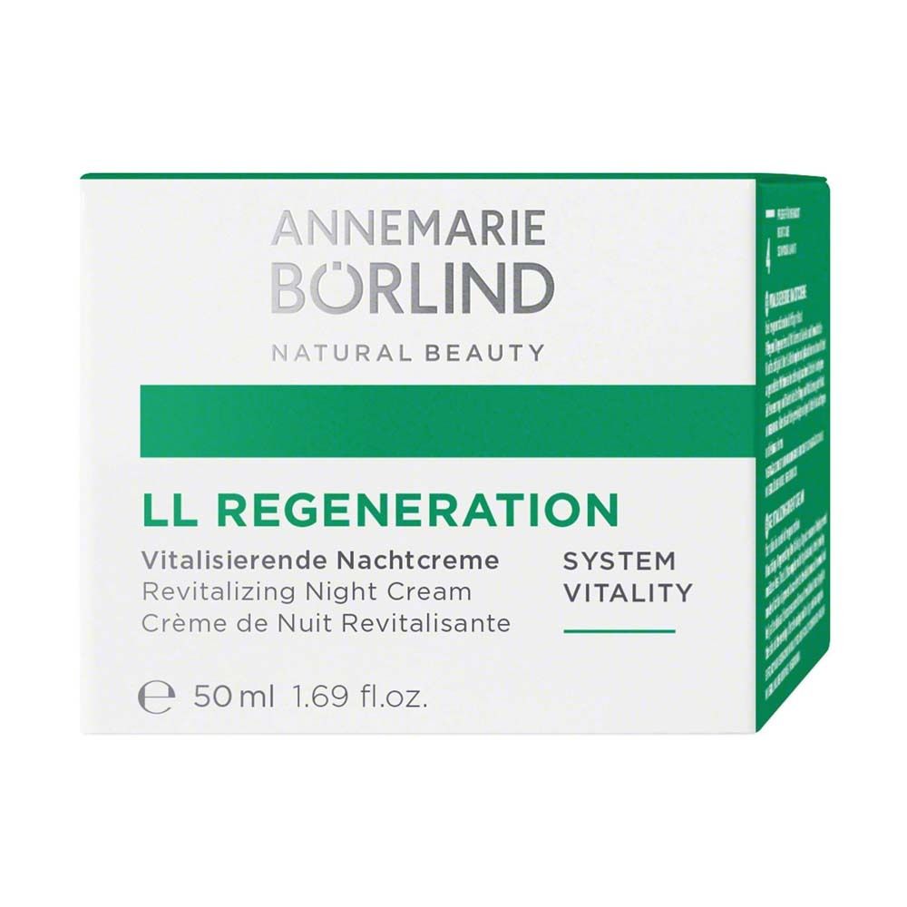 Karton mit Aufschrift: ANNEMARIE BÖRLIND, LL REGENERATION, Vitalisierende Nachtcreme. Grün-weißes Design.