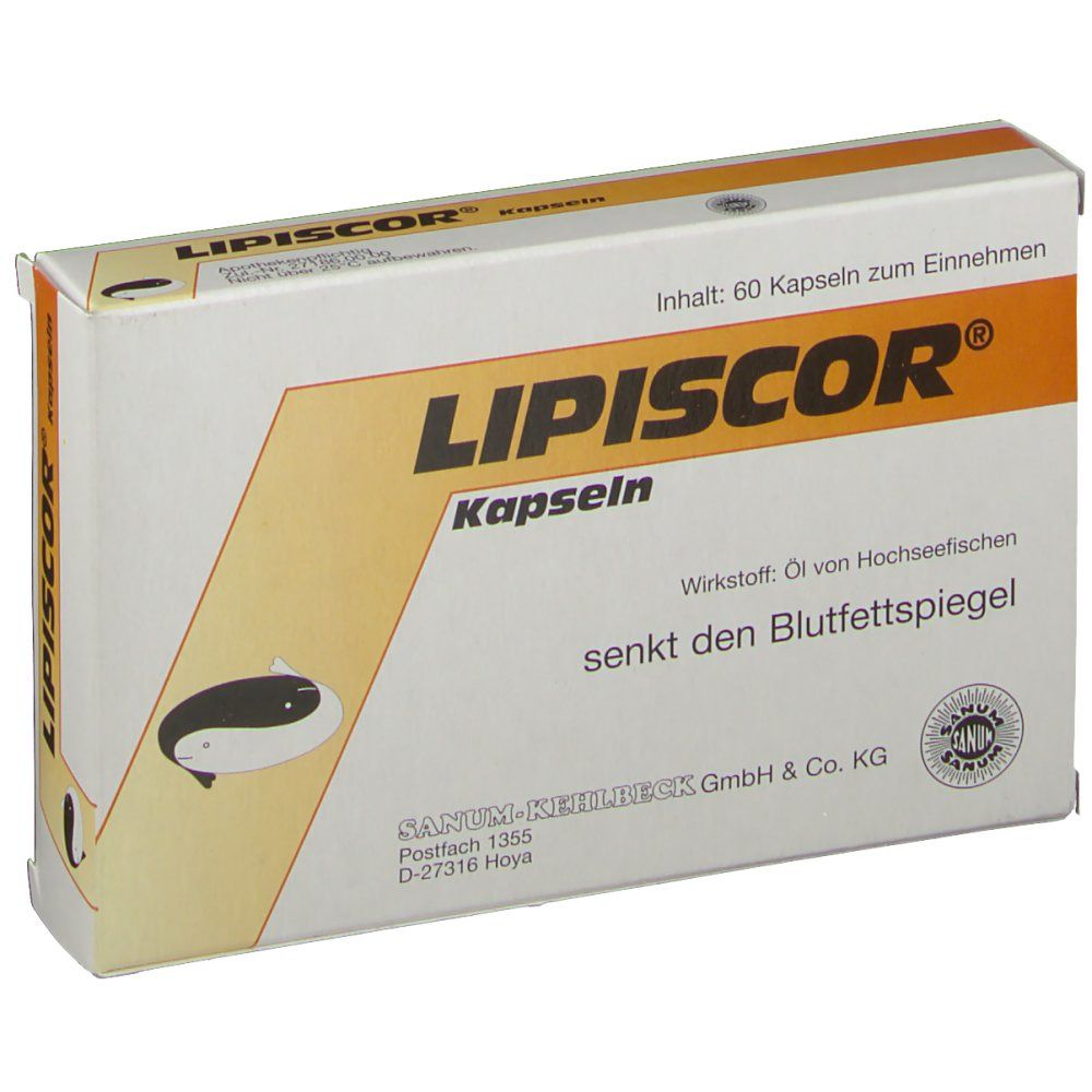 Karton mit "Lipiscor® Kapseln". Text: "senkt den Blutfettspiegel". Logo: Fisch. Sanum-Kehlbeck GmbH & Co. KG.