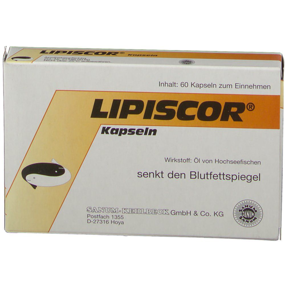 Karton "Lipiscor® Kapseln". Text: "senkt den Blutfettspiegel". Logo: Fisch. Sanum-Kehlbeck GmbH & Co. KG. Inhalt: 60 Kapseln.